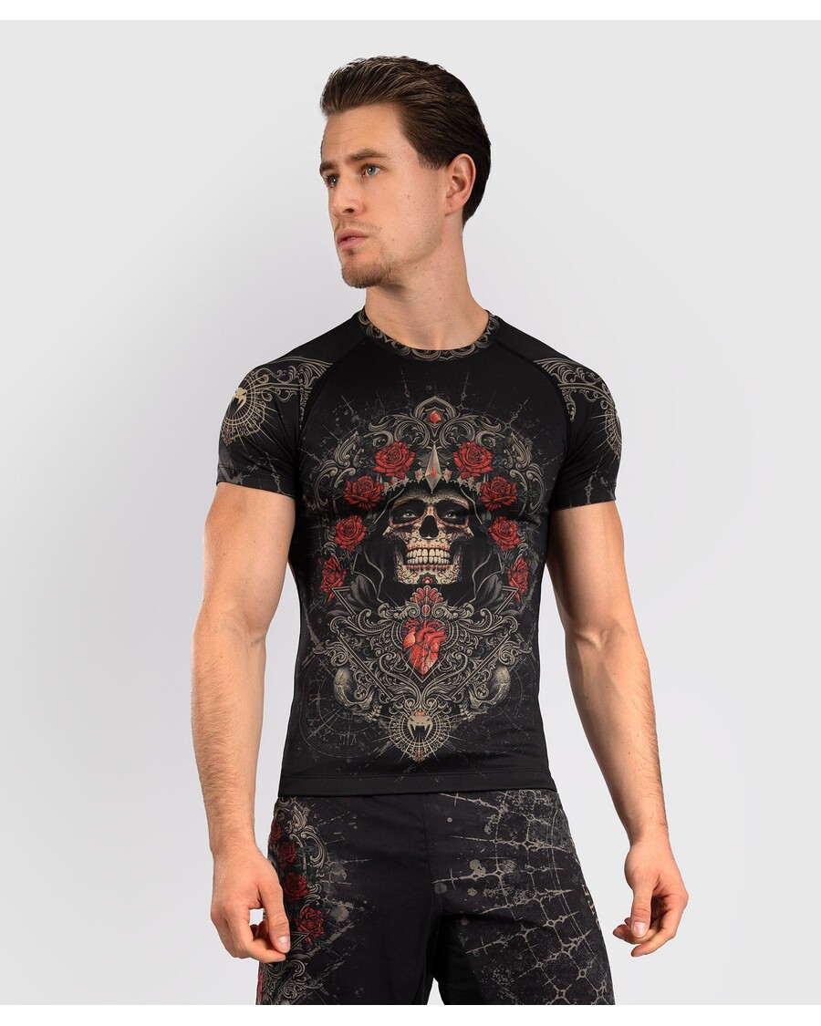 Venum Santa Muerte 5.0 Men’s Short Sleeve Rashguard - Deep Black/Gold